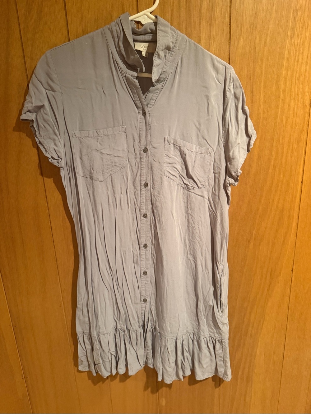 LOFT Light Gray Button-Down Shirt Dress with Ruffle Hem